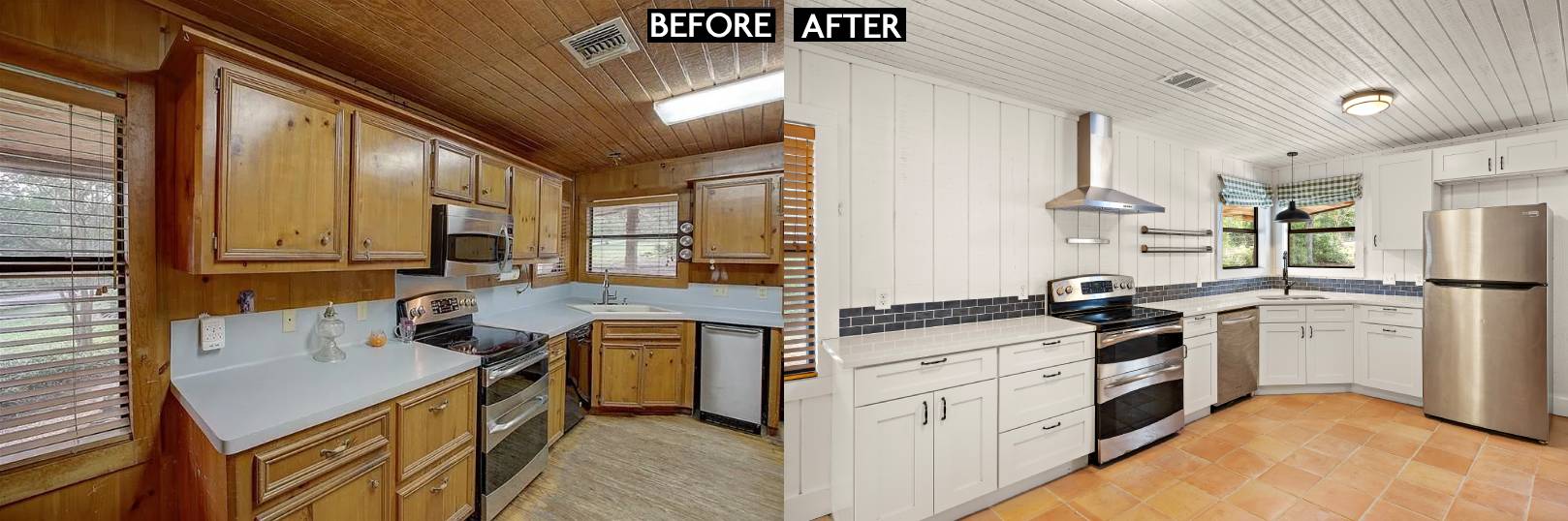 Before and after comparison of the kitchen remodel
